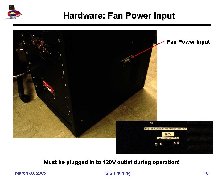 Hardware: Fan Power Input Must be plugged in to 120 V outlet during operation!