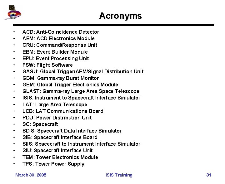 Acronyms • • • • • • ACD: Anti-Coincidence Detector AEM: ACD Electronics Module