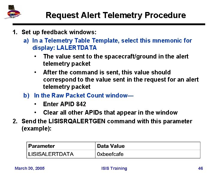 Request Alert Telemetry Procedure 1. Set up feedback windows: a) In a Telemetry Table