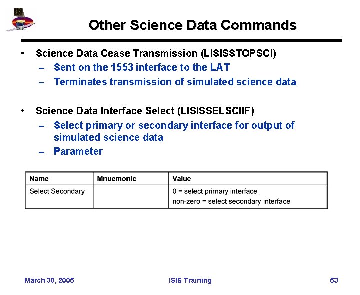Other Science Data Commands • Science Data Cease Transmission (LISISSTOPSCI) – Sent on the