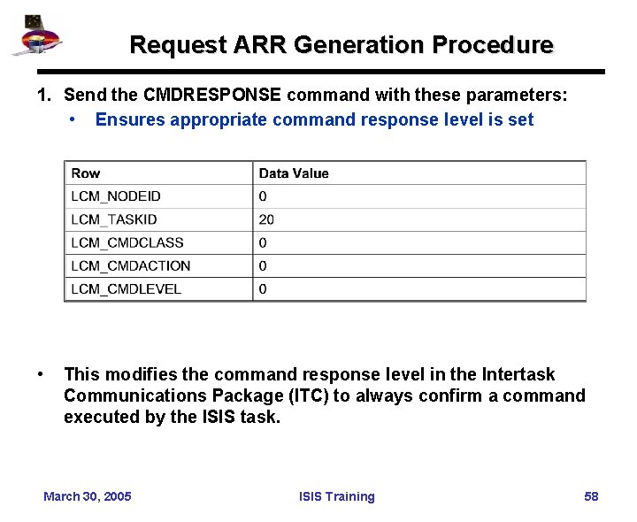 Request ARR Generation Procedure 1. Send the CMDRESPONSE command with these parameters: • Ensures