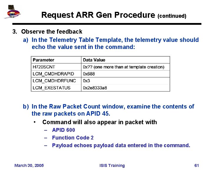 Request ARR Gen Procedure (continued) 3. Observe the feedback a) In the Telemetry Table
