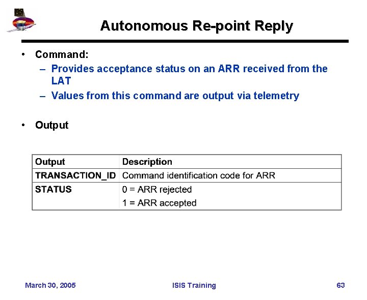 Autonomous Re-point Reply • Command: – Provides acceptance status on an ARR received from