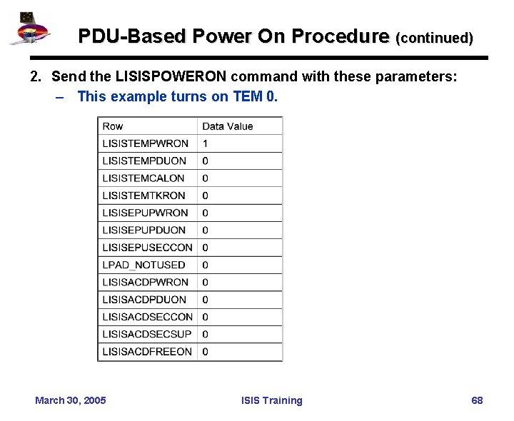 PDU-Based Power On Procedure (continued) 2. Send the LISISPOWERON command with these parameters: –