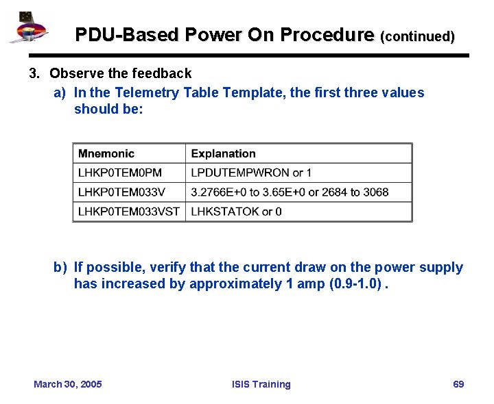 PDU-Based Power On Procedure (continued) 3. Observe the feedback a) In the Telemetry Table