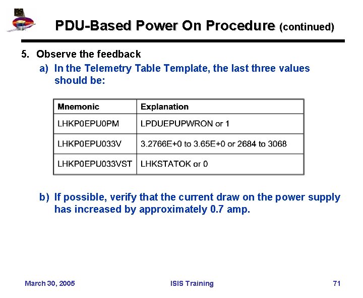 PDU-Based Power On Procedure (continued) 5. Observe the feedback a) In the Telemetry Table