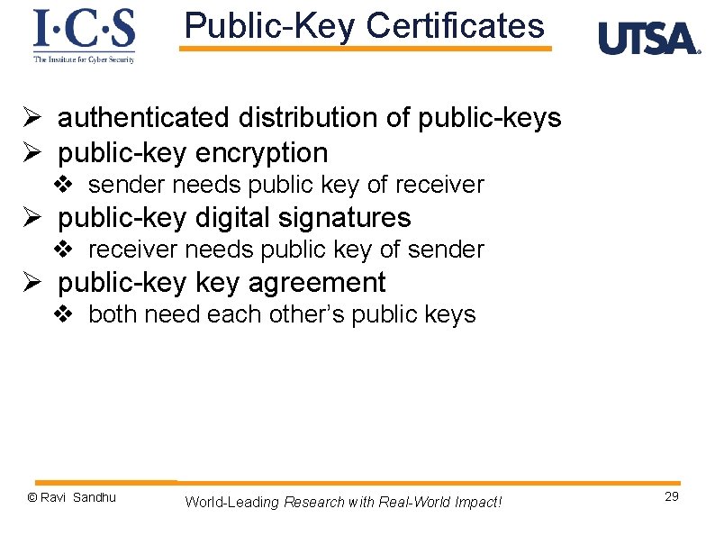 Public-Key Certificates Ø authenticated distribution of public-keys Ø public-key encryption v sender needs public