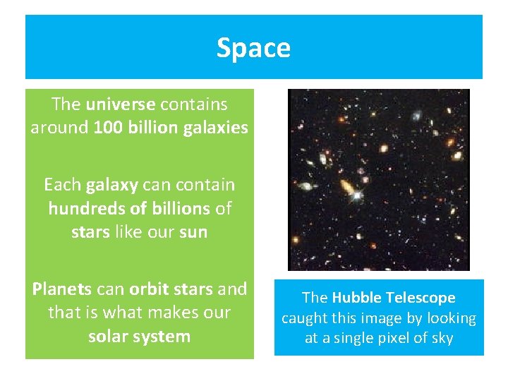 Space The universe contains around 100 billion galaxies Each galaxy can contain hundreds of