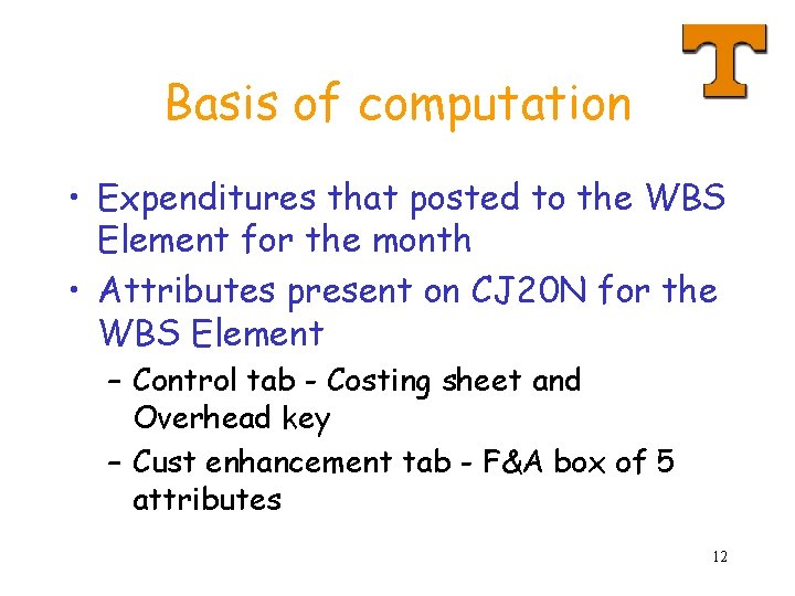 Basis of computation • Expenditures that posted to the WBS Element for the month