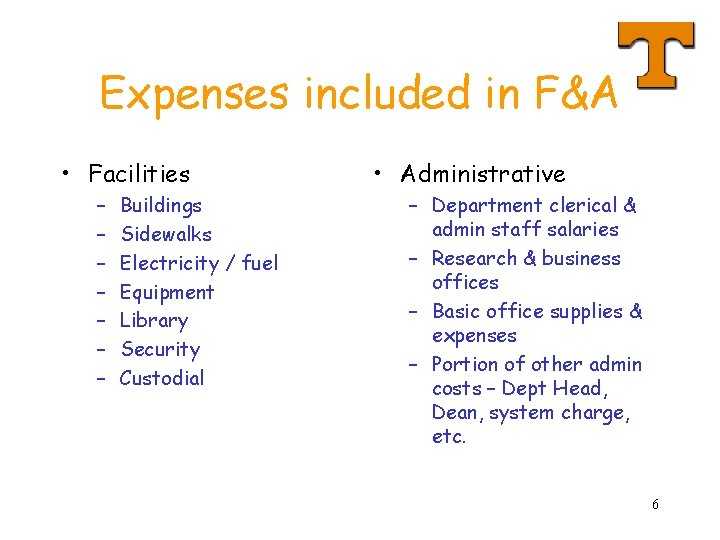 Expenses included in F&A • Facilities – – – – Buildings Sidewalks Electricity /