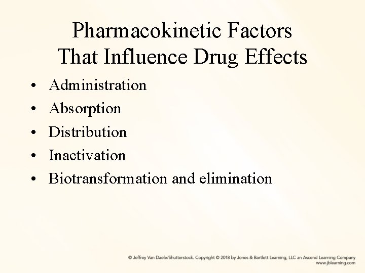Pharmacokinetic Factors That Influence Drug Effects • • • Administration Absorption Distribution Inactivation Biotransformation