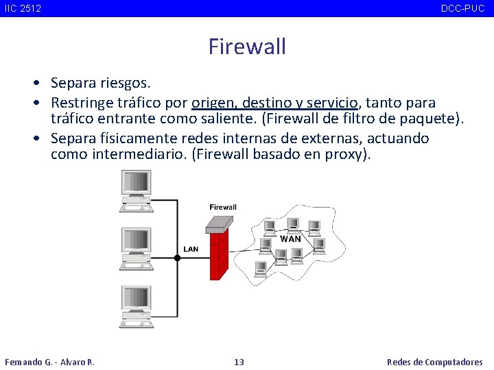 IIC 2512 DCC-PUC Firewall • Separa riesgos. • Restringe tráfico por origen, destino y