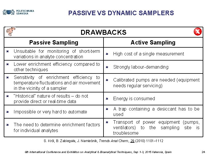 PASSIVE VS DYNAMIC SAMPLERS DRAWBACKS Passive Sampling Active Sampling û Unsuitable for monitoring of