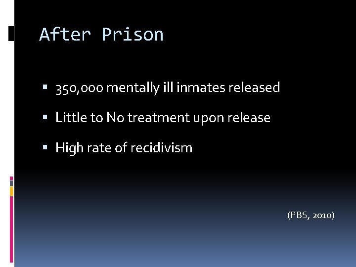 After Prison 350, 000 mentally ill inmates released Little to No treatment upon release