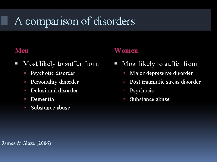 A comparison of disorders Men Women Most likely to suffer from: Psychotic disorder Major