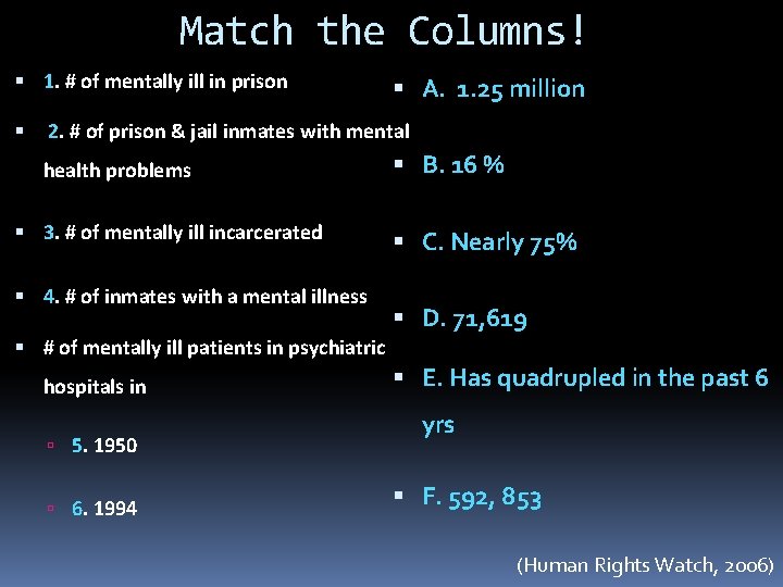 Match the Columns! 1. # of mentally ill in prison A. 1. 25 million