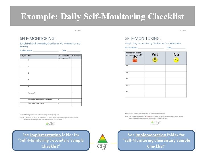 Example: Daily Self-Monitoring Checklist See Implementation folder for “Self-Monitoring Secondary Sample Checklist” See Implementation
