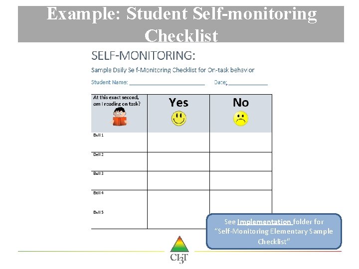 Example: Student Self-monitoring Checklist See Implementation folder for “Self-Monitoring Elementary Sample Checklist” 