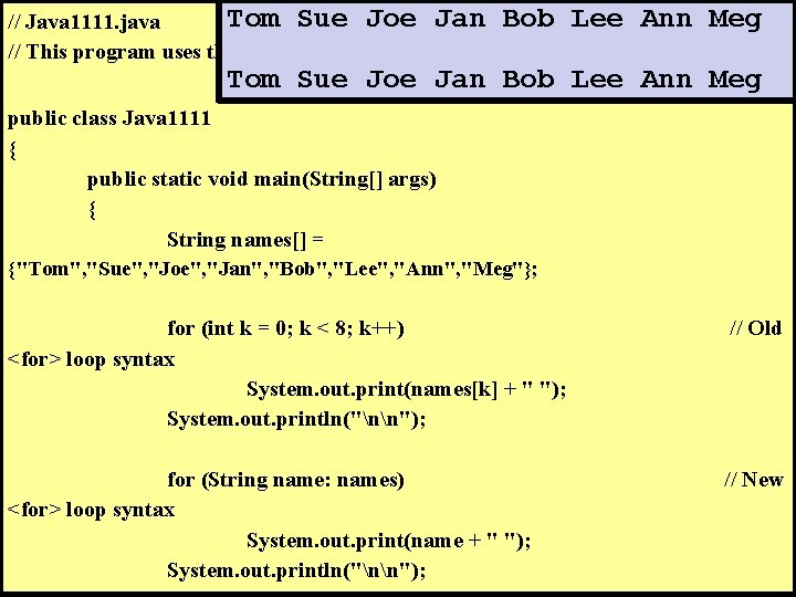 Tom Sue Joe Jan Bob Lee Ann Meg // Java 1111. java // This