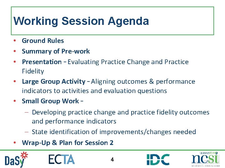 Working Session Agenda • Ground Rules • Summary of Pre-work • Presentation – Evaluating Working Session Agenda • Ground Rules • Summary of Pre-work • Presentation – Evaluating