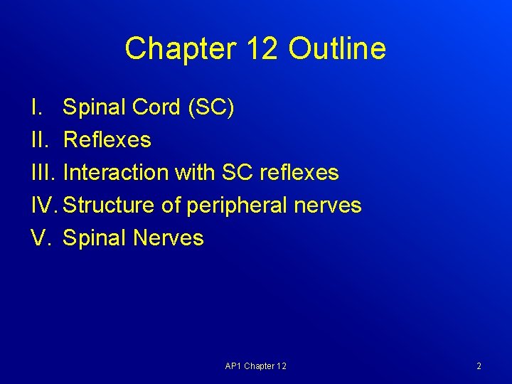 Chapter 12 Outline I. Spinal Cord (SC) II. Reflexes III. Interaction with SC reflexes