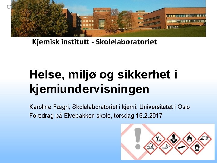 Kjemisk institutt - Skolelaboratoriet Helse, miljø og sikkerhet i kjemiundervisningen Karoline Fægri, Skolelaboratoriet i