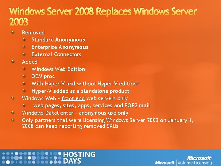 Windows Server 2008 Replaces Windows Server 2003 Removed Standard Anonymous Enterprise Anonymous External Connectors