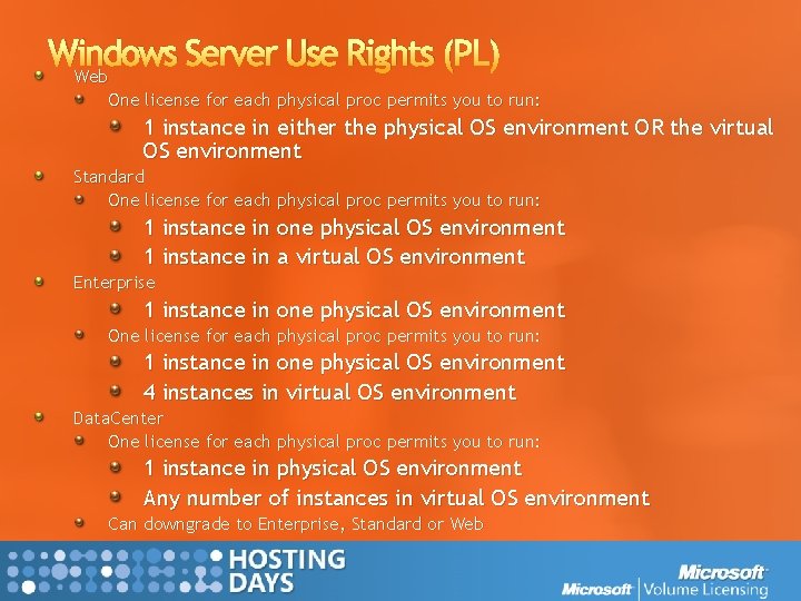 Windows Server Use Rights (PL) Web One license for each physical proc permits you