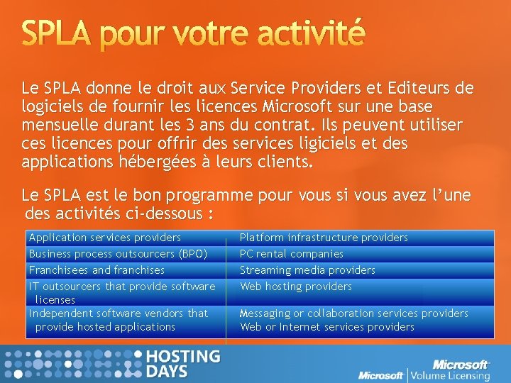 SPLA pour votre activité Le SPLA donne le droit aux Service Providers et Editeurs