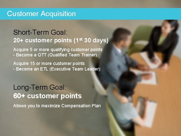 Customer Acquisition Short-Term Goal: 20+ customer points (1 st 30 days) Acquire 5 or