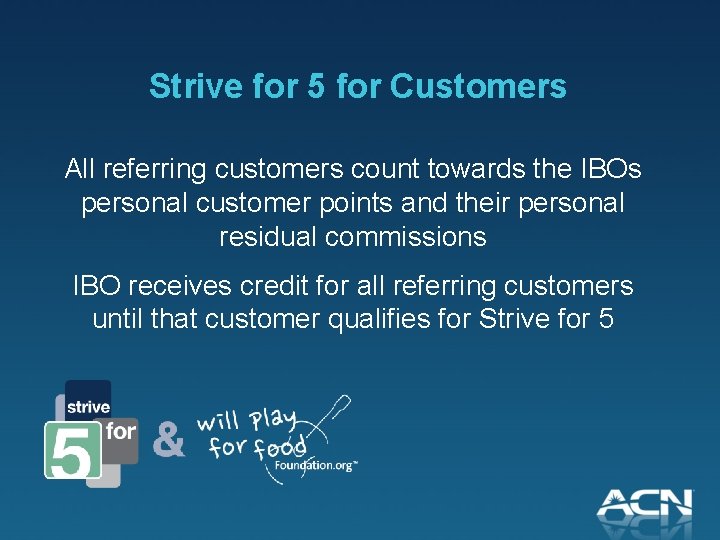 Strive for 5 for Customers All referring customers count towards the IBOs personal customer
