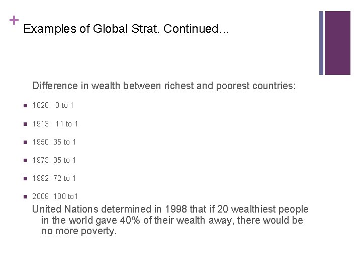 + Examples of Global Strat. Continued… Difference in wealth between richest and poorest countries: