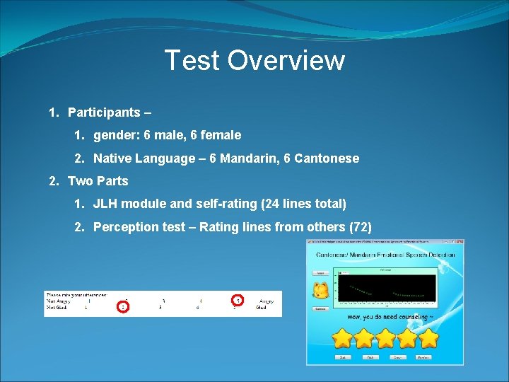 Test Overview 1. Participants – 1. gender: 6 male, 6 female 2. Native Language