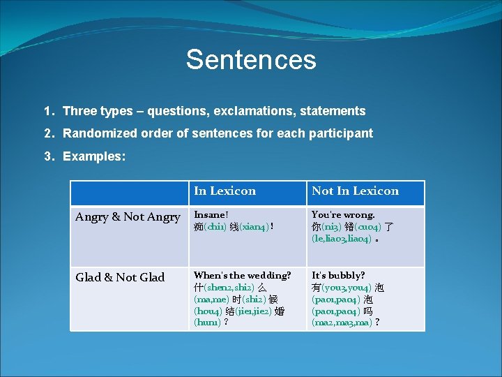 Sentences 1. Three types – questions, exclamations, statements 2. Randomized order of sentences for
