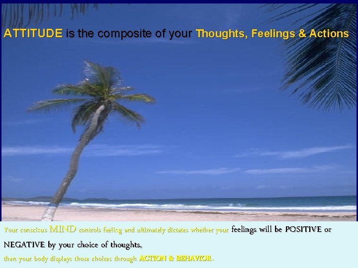 ATTITUDE is the composite of your Thoughts, Feelings & Actions. Your conscious MIND controls