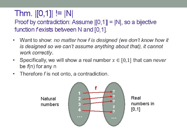 Thm. |[0, 1]| != |N| Proof by contradiction: Assume |[0, 1]| = |N|, so