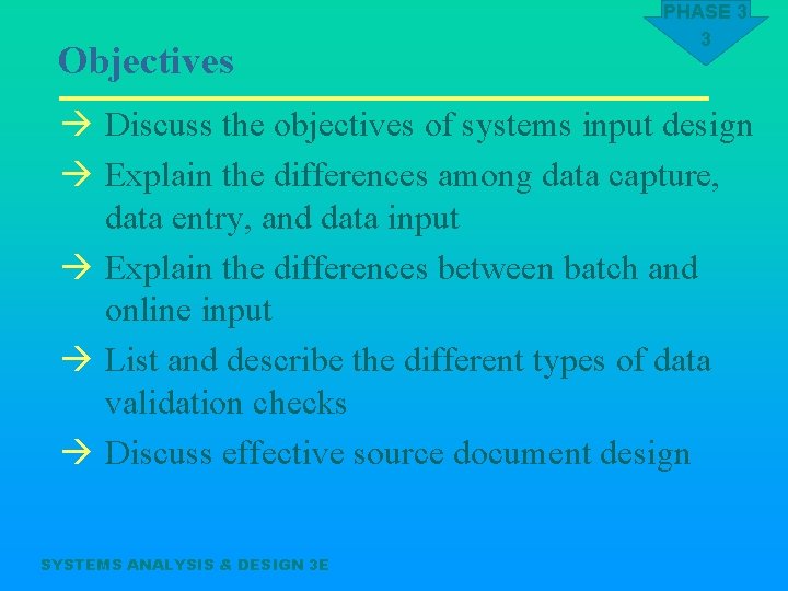 Objectives PHASE 3 3 à Discuss the objectives of systems input design à Explain