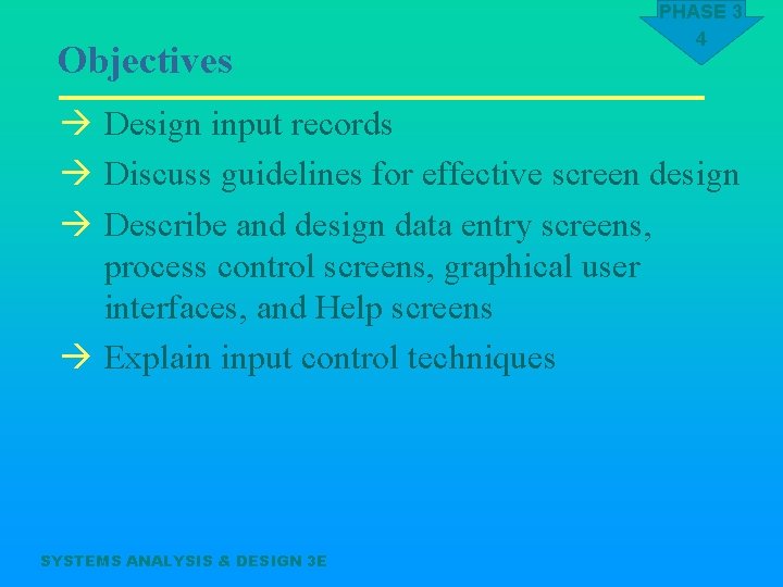 Objectives PHASE 3 4 à Design input records à Discuss guidelines for effective screen