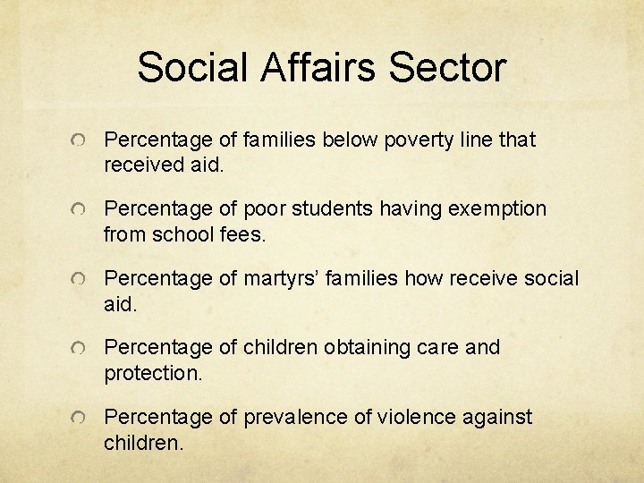 Social Affairs Sector Percentage of families below poverty line that received aid. Percentage of