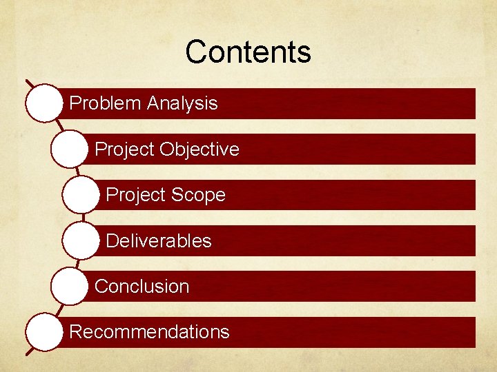 Contents Problem Analysis Project Objective Project Scope Deliverables Conclusion Recommendations 