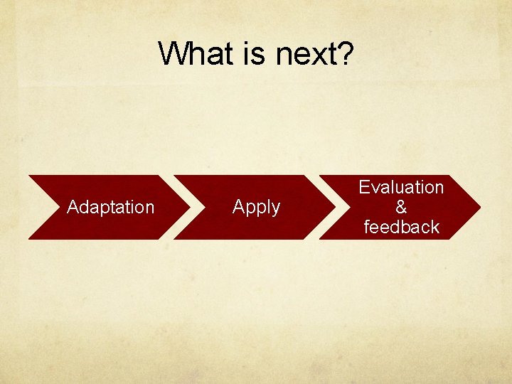 What is next? Adaptation Apply Evaluation & feedback 