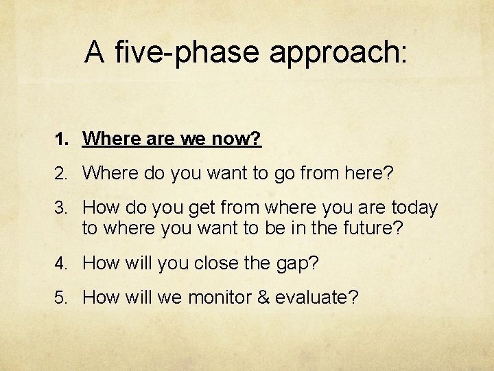 A five-phase approach: 1. Where are we now? 2. Where do you want to