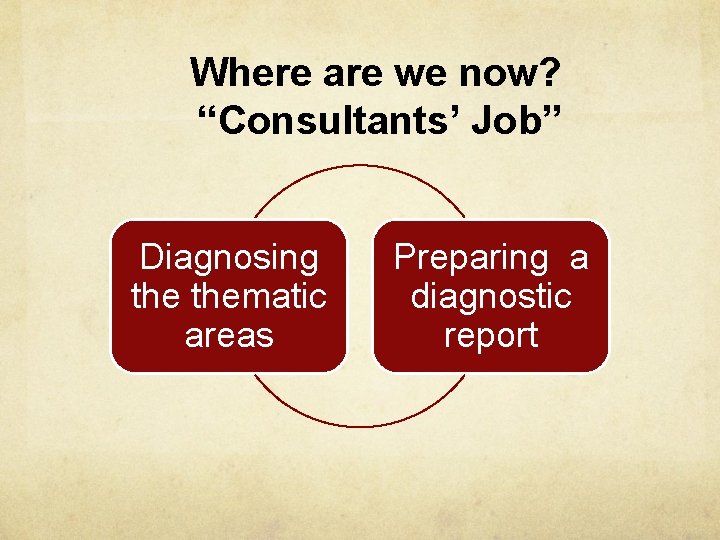 Where are we now? “Consultants’ Job” Diagnosing thematic areas Preparing a diagnostic report 