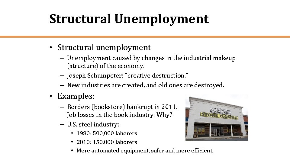 Structural Unemployment • Structural unemployment – Unemployment caused by changes in the industrial makeup