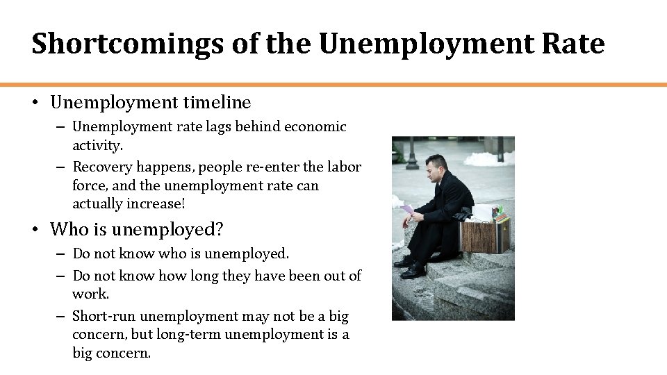 Shortcomings of the Unemployment Rate • Unemployment timeline – Unemployment rate lags behind economic