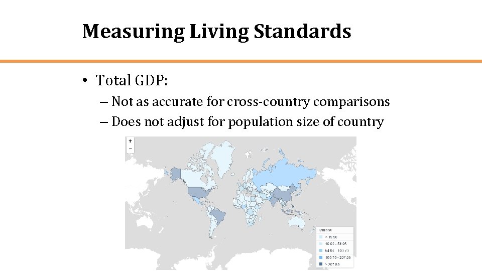 Measuring Living Standards • Total GDP: – Not as accurate for cross-country comparisons –