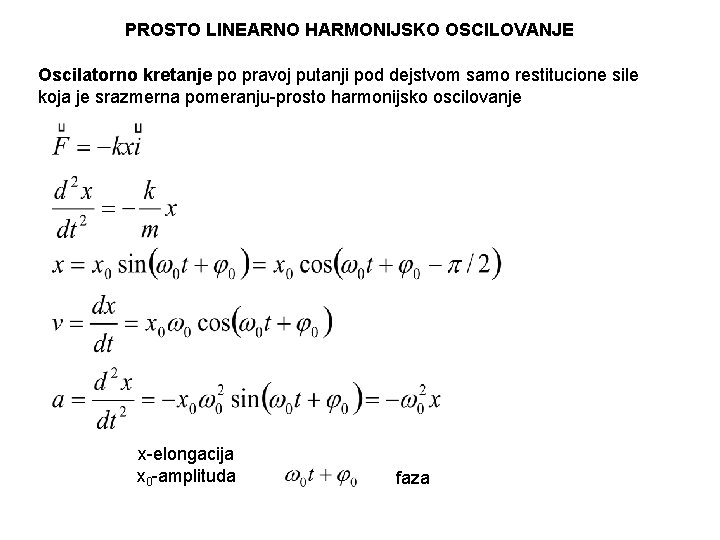 PROSTO LINEARNO HARMONIJSKO OSCILOVANJE Oscilatorno kretanje po pravoj putanji pod dejstvom samo restitucione sile