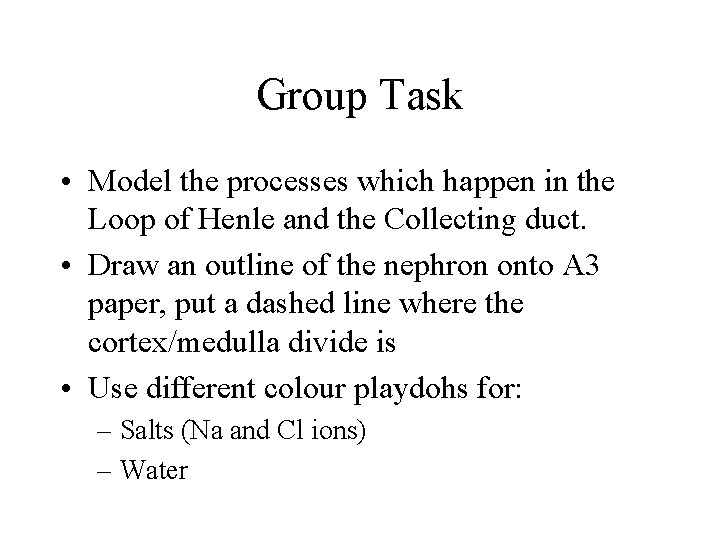 Group Task • Model the processes which happen in the Loop of Henle and