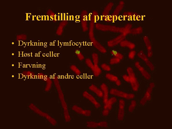 Fremstilling af præperater • • Dyrkning af lymfocytter Høst af celler Farvning Dyrkning af