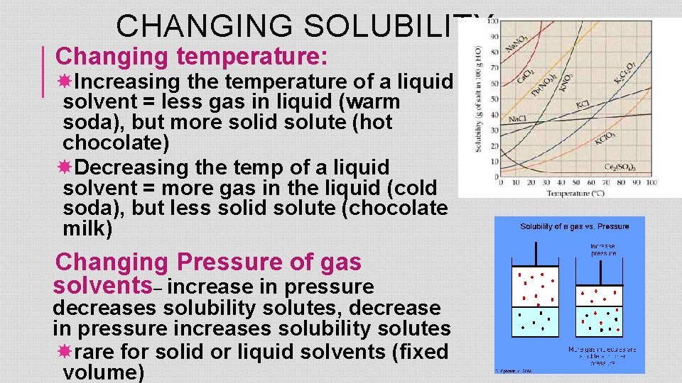 CHANGING SOLUBILITY Changing temperature: Increasing the temperature of a liquid solvent = less gas